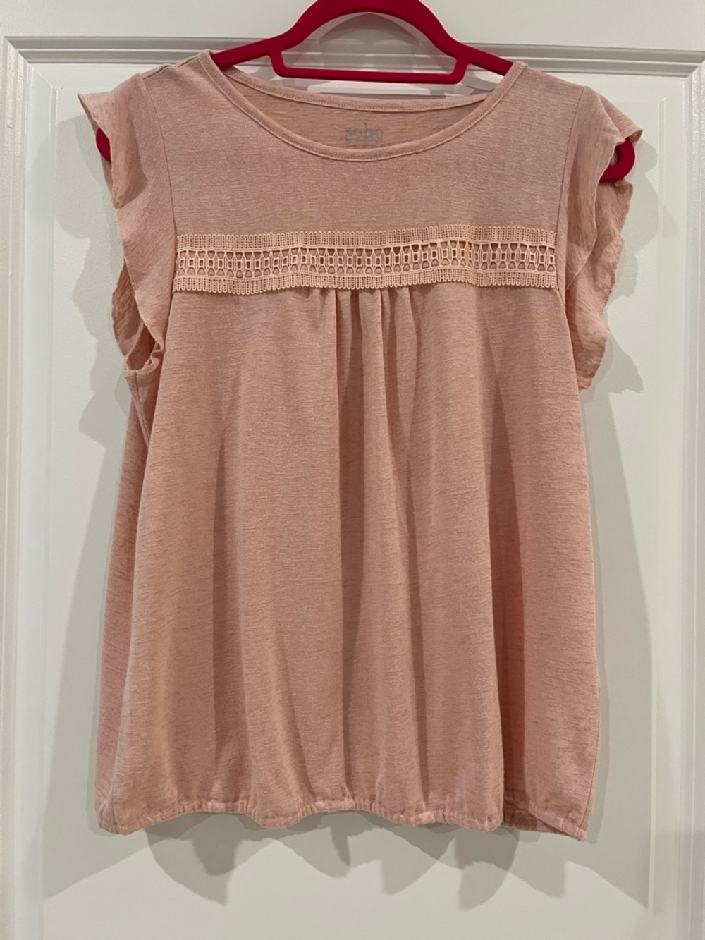 NY&CO Soft Blush Pink Crochet Yoke Flutter Sleeve Top